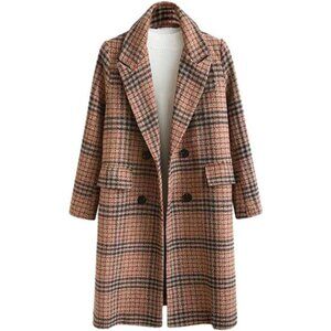 CHARTOU Women's Winter Oversize Lapel Collar Woolen Plaid Double Breasted Long
